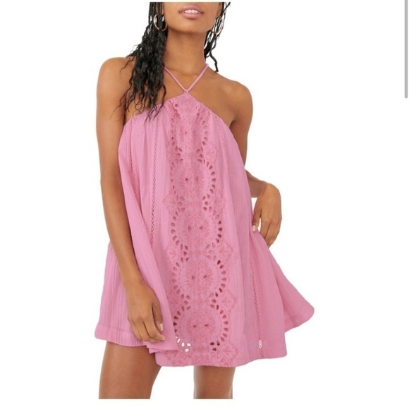 Free People Dresses & Skirts - Free People Paloma Pink Eyelet Halter-Style Sleeveless Mini Dress
